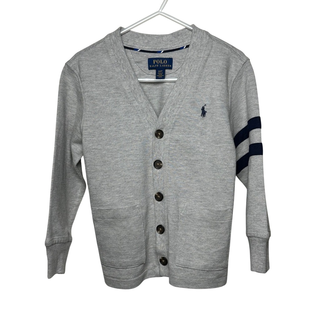 Polo Ralph Lauren Toddler Boys Gray Cotton Pique Varsity Stripe Cardigan 2T